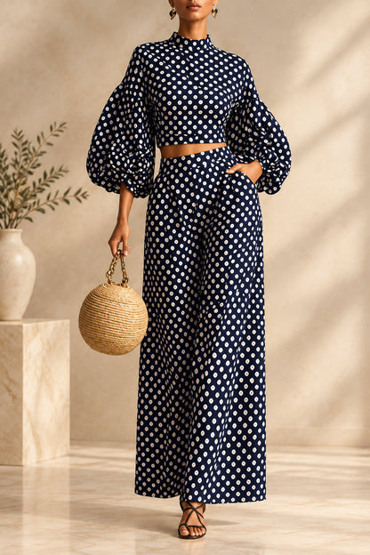Women's 2-Piece Polka Dot Set – Lantern-Sleeve Mock-Neck Crop Top & High-Waisted Wide-Leg Trouser
