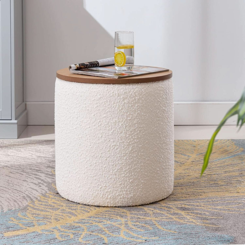 Circular Storage Ottoman Sixteen Inch White Boucle