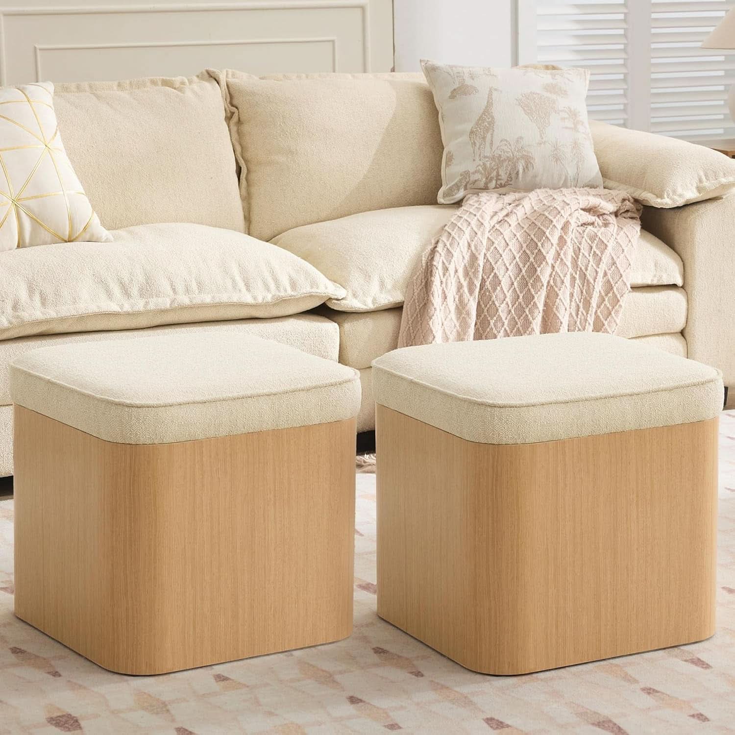 Beige Linen Upholstered Storage Ottoman With Footrest