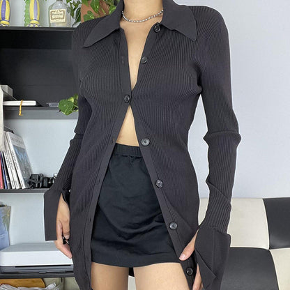 Women's V-Neck Ribbed Knit Button Cardigan Top – Black