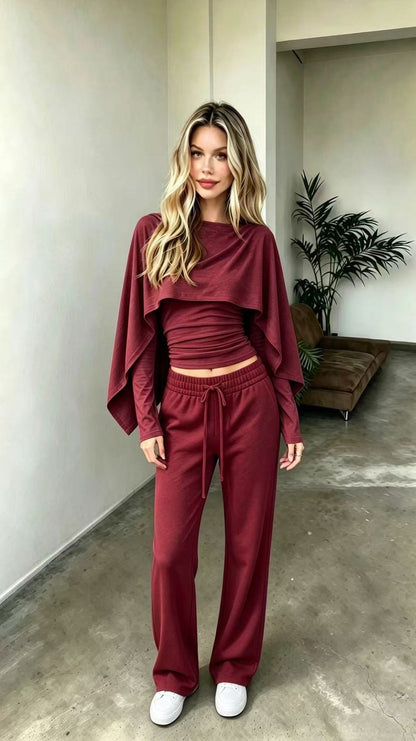 Women's Draped-Cape Illusion Crop Top & Wide-Leg Trouser Set
