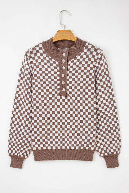 Dark Brown Plaid Contrast Trim Button Neck Sweater - Femstylo