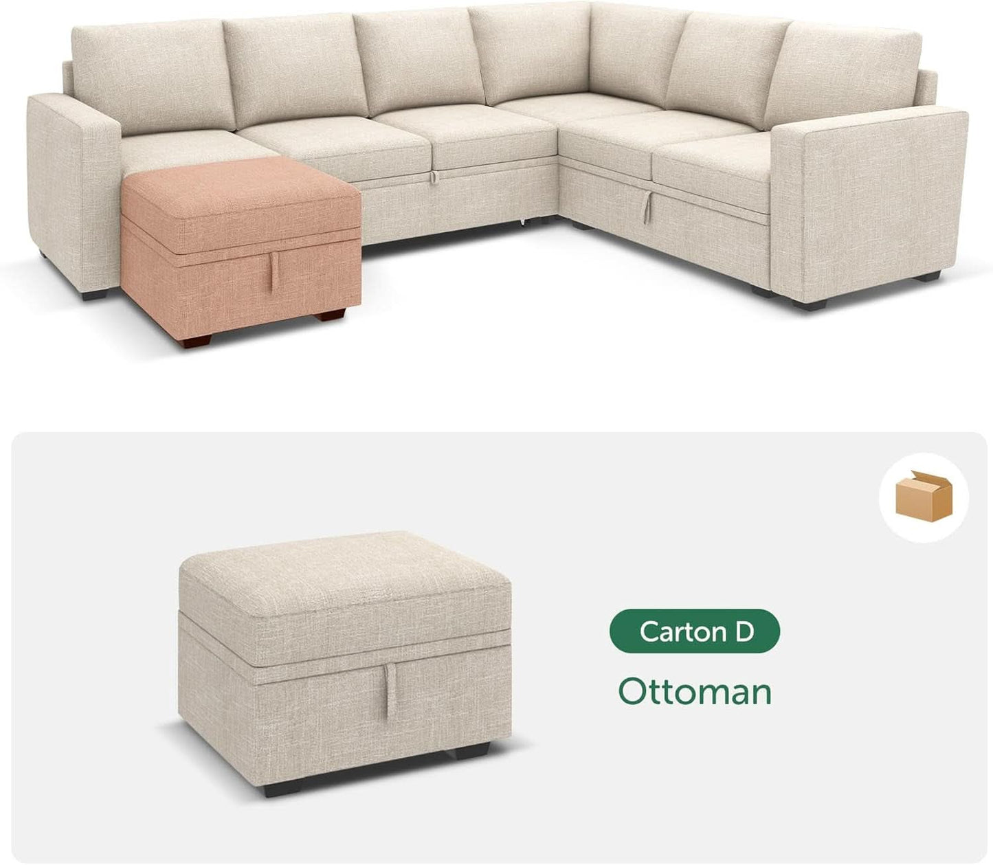 Beige Textured Storage Ottoman For Sectional Sleeper