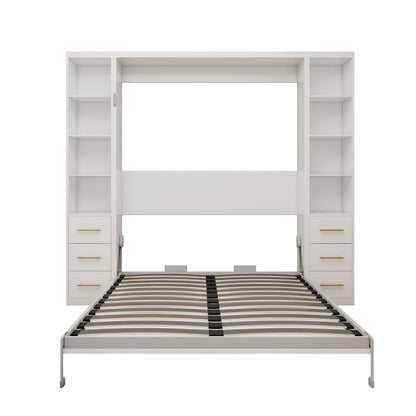 Queen Size Murphy Wall Bed With Side Storage Cabinets - White
