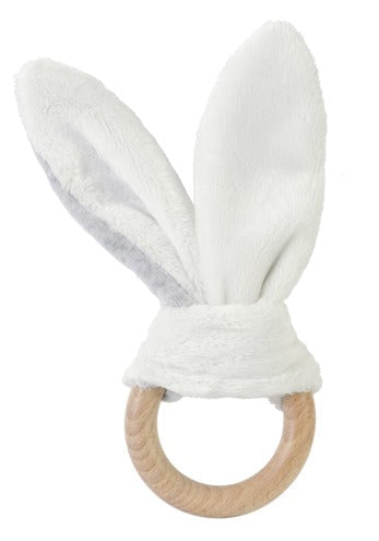 Baby Bunny Wooden Teether Grey Beechwood Ring Soft Ears
