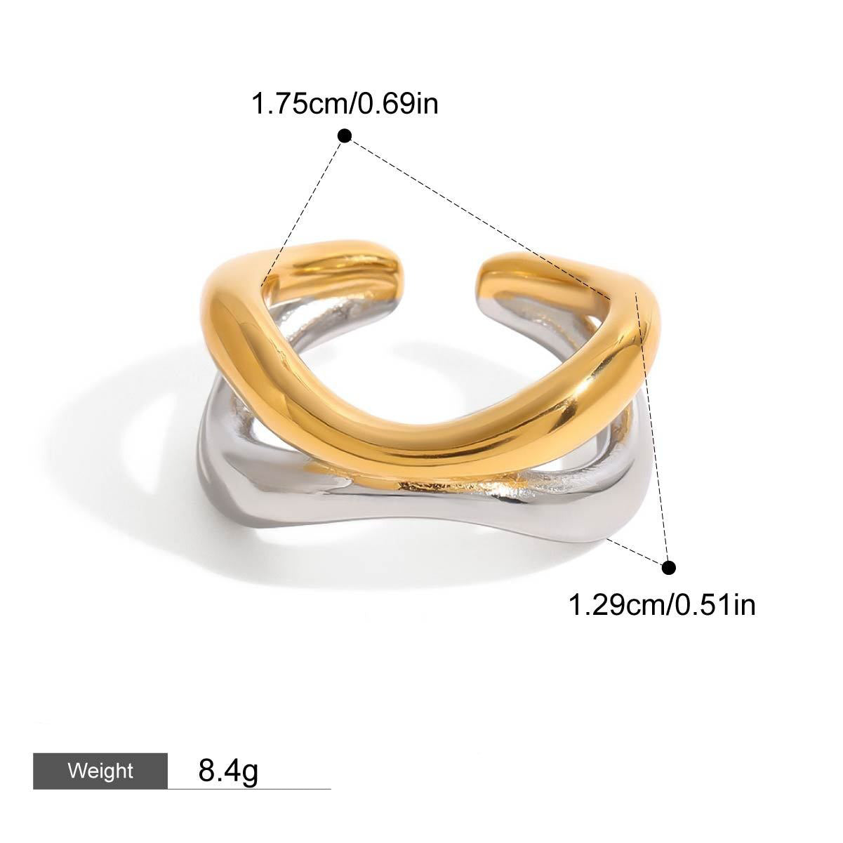 18K gold geometric lines with gold and silver color matching design simple and elegant ring