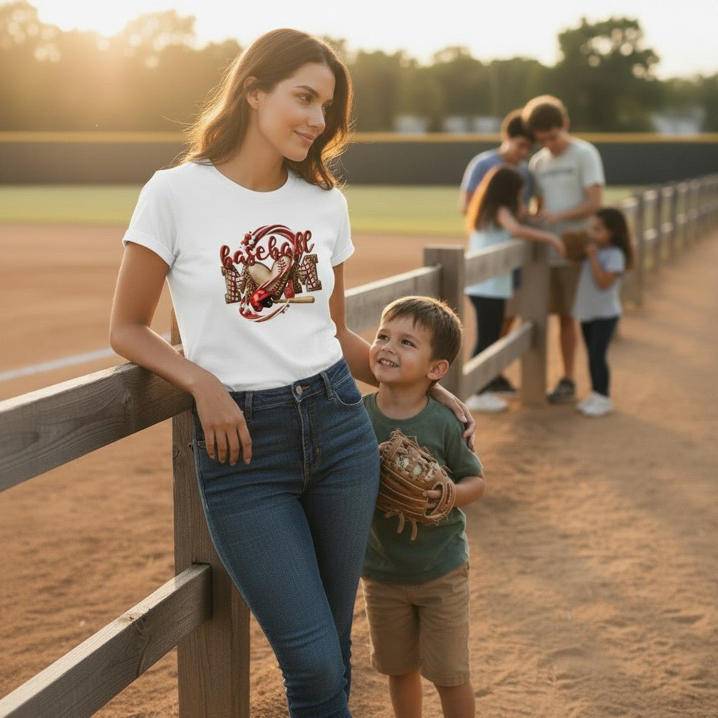 Baseball Mom Heart Graphic T-Shirt 100% Cotton Game Day Casual Top