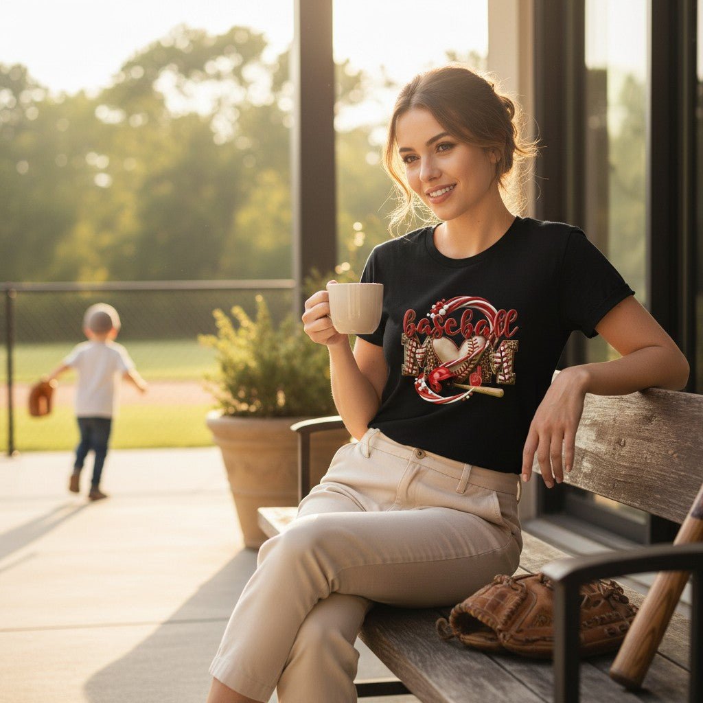 Baseball Mom Heart Graphic T-Shirt 100% Cotton Game Day Casual Top