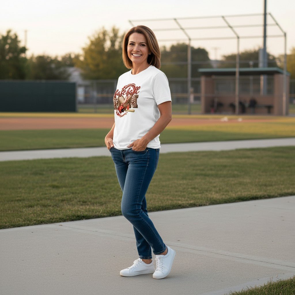Baseball Mom Heart Graphic T-Shirt 100% Cotton Game Day Casual Top