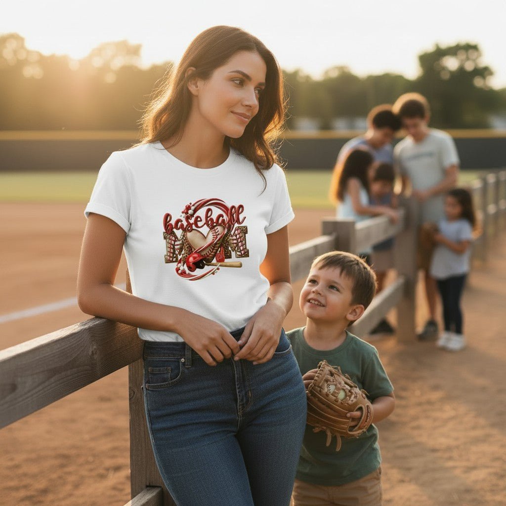 Baseball Mom Heart Graphic T-Shirt 100% Cotton Game Day Casual Top
