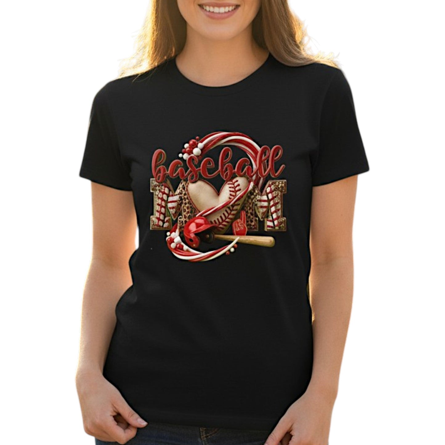 Baseball Mom Heart Graphic T-Shirt 100% Cotton Game Day Casual Top