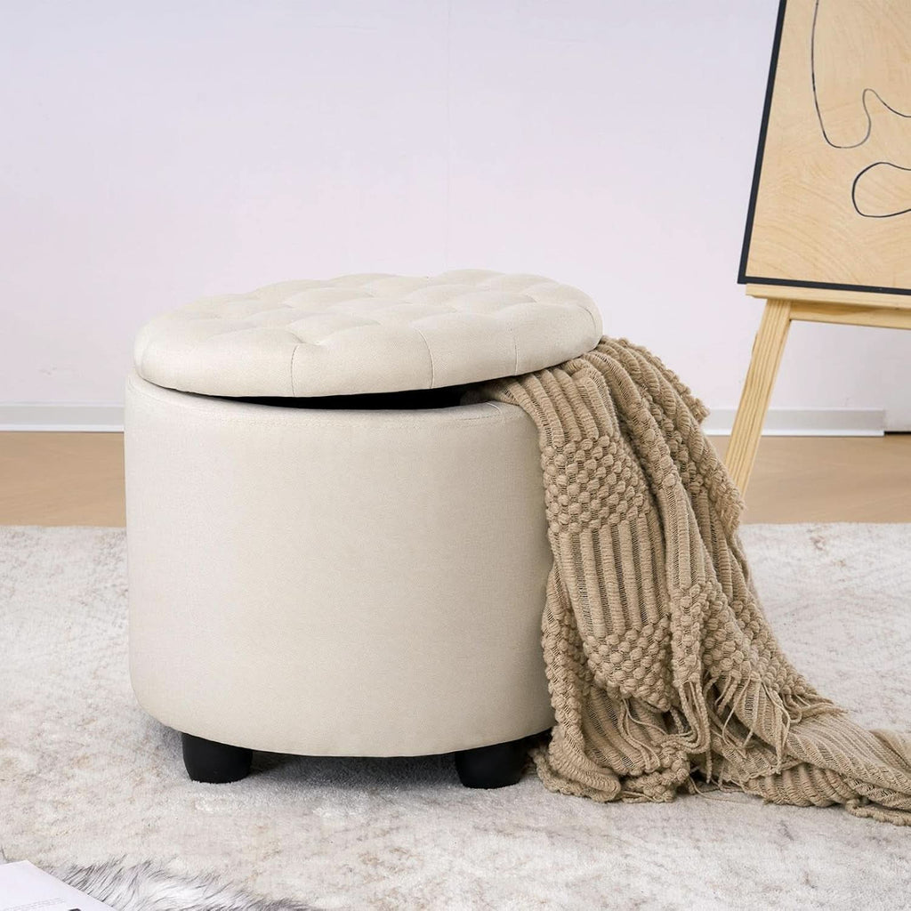 Beige Round Storage Ottoman Featuring Removable Lid