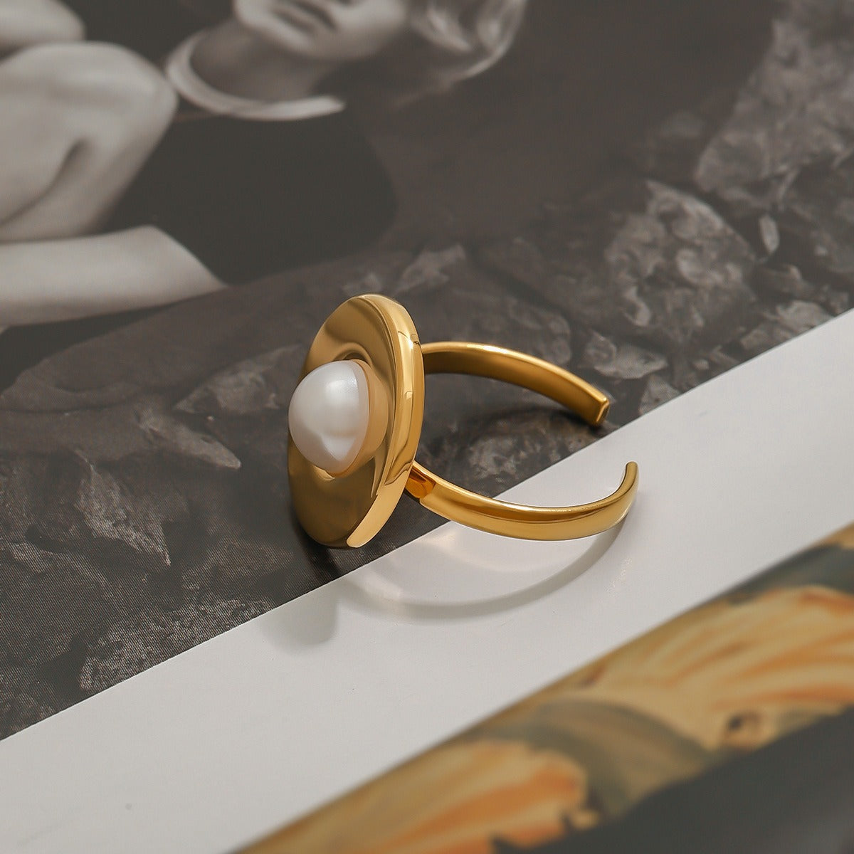 18k gold titanium steel pearl ring
