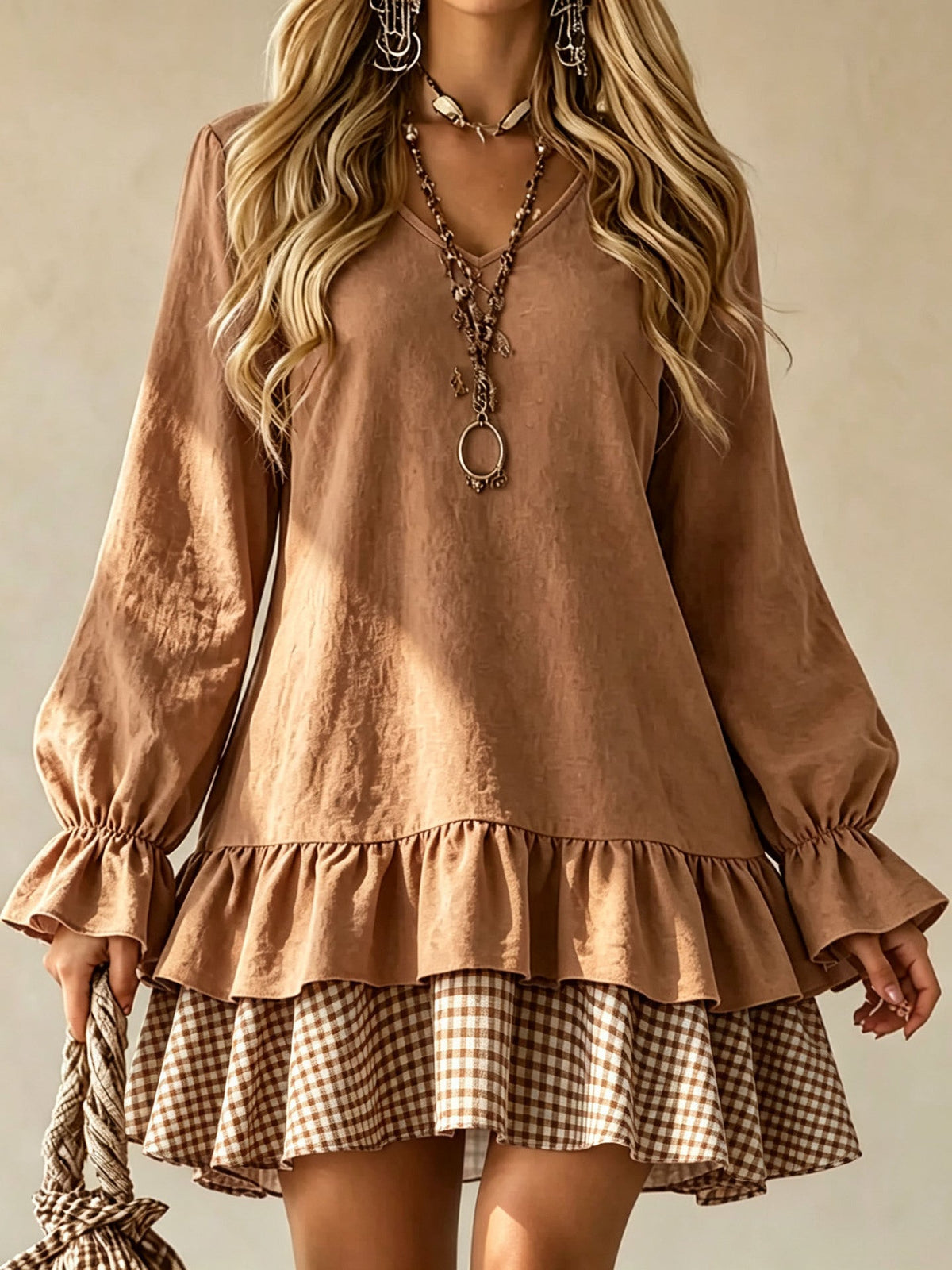 Women's V-Neck Ruffle Sleeve Plaid Patchwork Mini Dress
