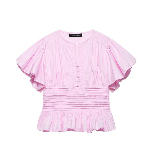 Women's Ruffle-Trim Puff-Sleeve Blouse Top – Slim-Fit Elegant
