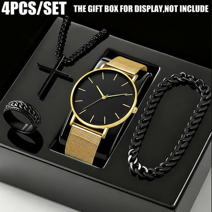 Men's Fashion Watch Ring Necklace Bracelet Set - Stainless Steel Jewelry Collection for Daily Wear