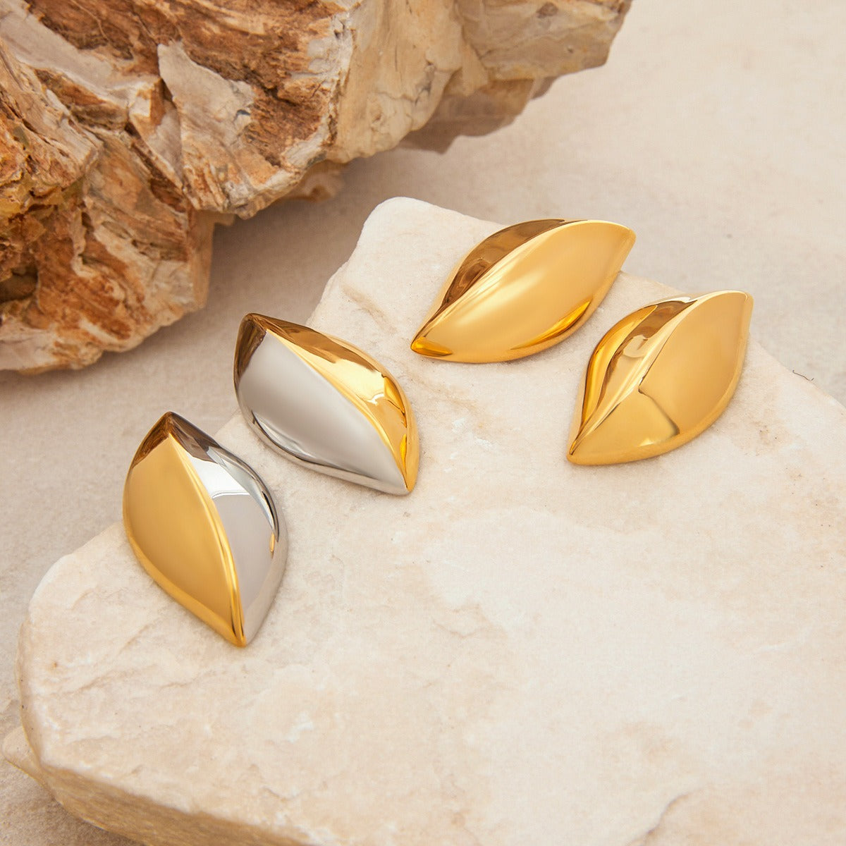 18K gold geometric shape with gold and silver color matching design simple personality earrings