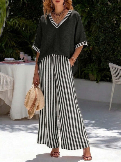 Women's Striped Tunic Top & Casual Trousers Two-Piece Set