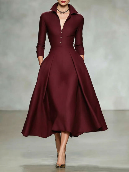 Deep V-Neck Shirt Collar Pleated A-Line Midi Dress with Pockets