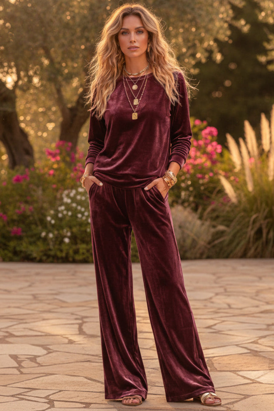 Women's Velvet Two-Piece Lounge Set – Round Neck Top & Wide-Leg Pants