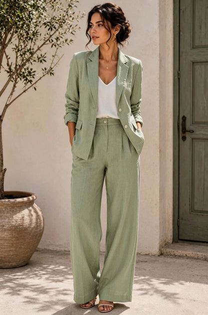 Women's Linen-Look Oversized Double-Breasted Blazer & Wide-Leg Pleated Trouser Suit Set