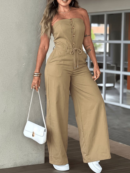 Strapless Button-Front Wide-Leg Jumpsuit