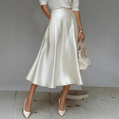 Women's Satin Solid Color Mid-Length Skirt – Slight Stretch
