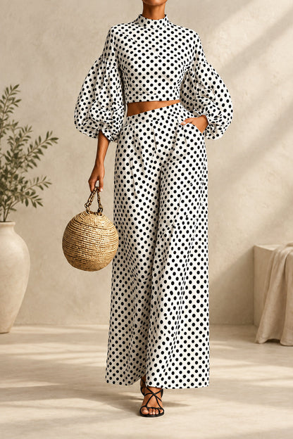 Women's 2-Piece Polka Dot Set – Lantern-Sleeve Mock-Neck Crop Top & High-Waisted Wide-Leg Trouser