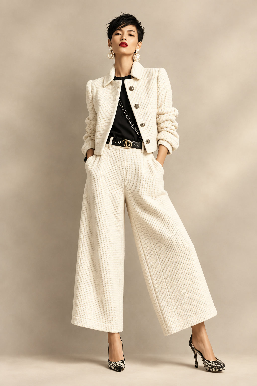 Women's Textured Cropped Jacket & Wide-Leg Pants Set