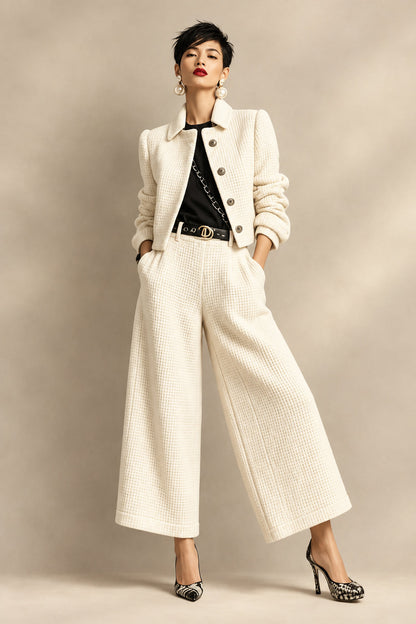 Women's Textured Cropped Jacket & Wide-Leg Pants Set