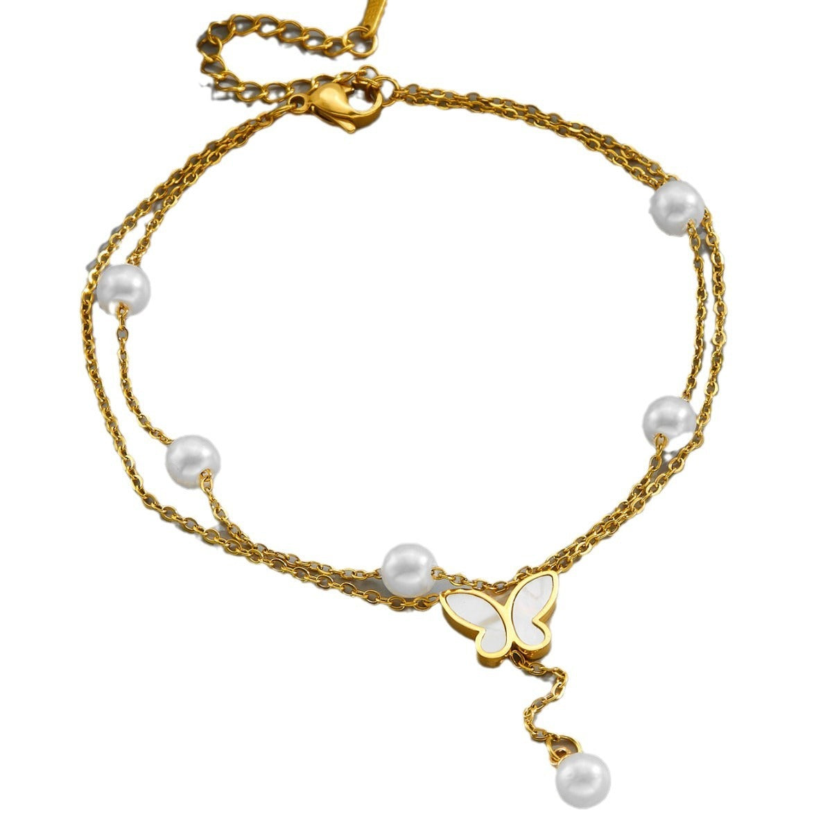 Light luxury multi-layer stacked pearl butterfly tassel titanium steel anklet