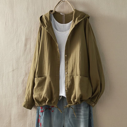 Women's Loose-Fit Hooded Button-Down Top with Drawstring Hem