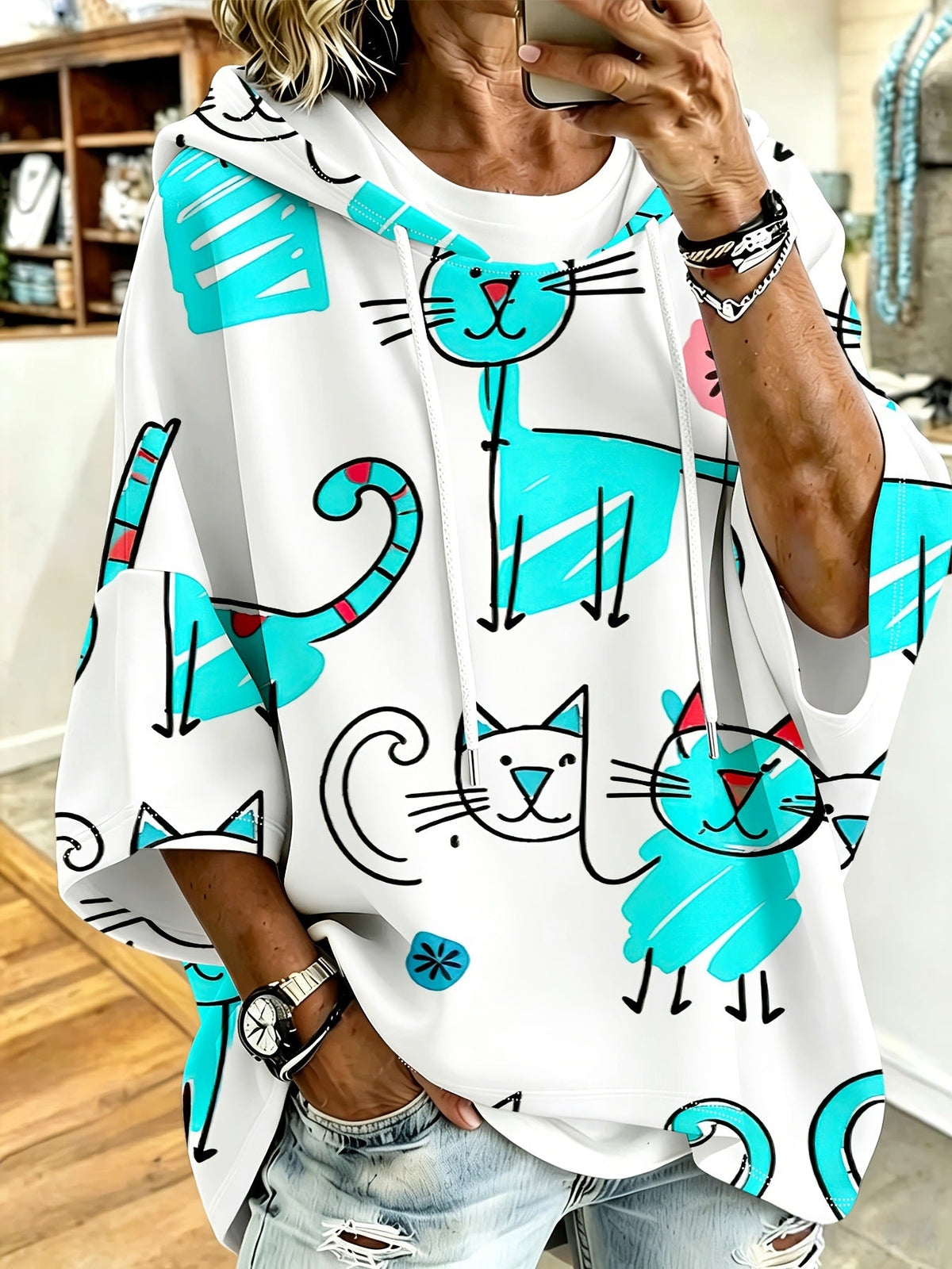 Cartoon Cat Print Hoodie with 3/4 Sleeves & Drawstring