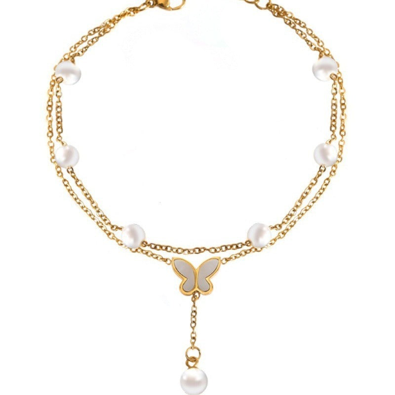 Double-layer pearl butterfly pendant shell anklet