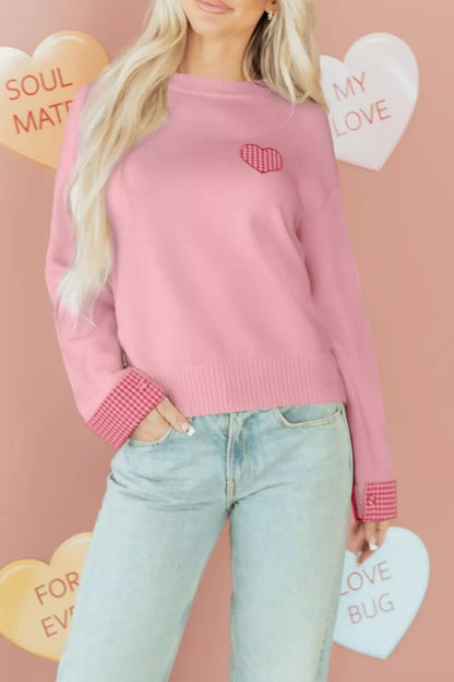 Plaid Heart Embroidered Cuffed Drop Shoulder Crew Neck Sweater
