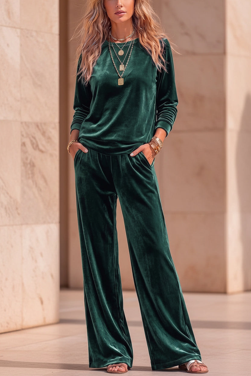 Women's Velvet Two-Piece Lounge Set – Round Neck Top & Wide-Leg Pants