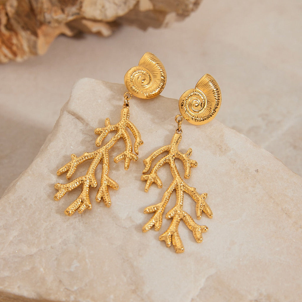 18K gold conch shell with coral design unique and noble earrings