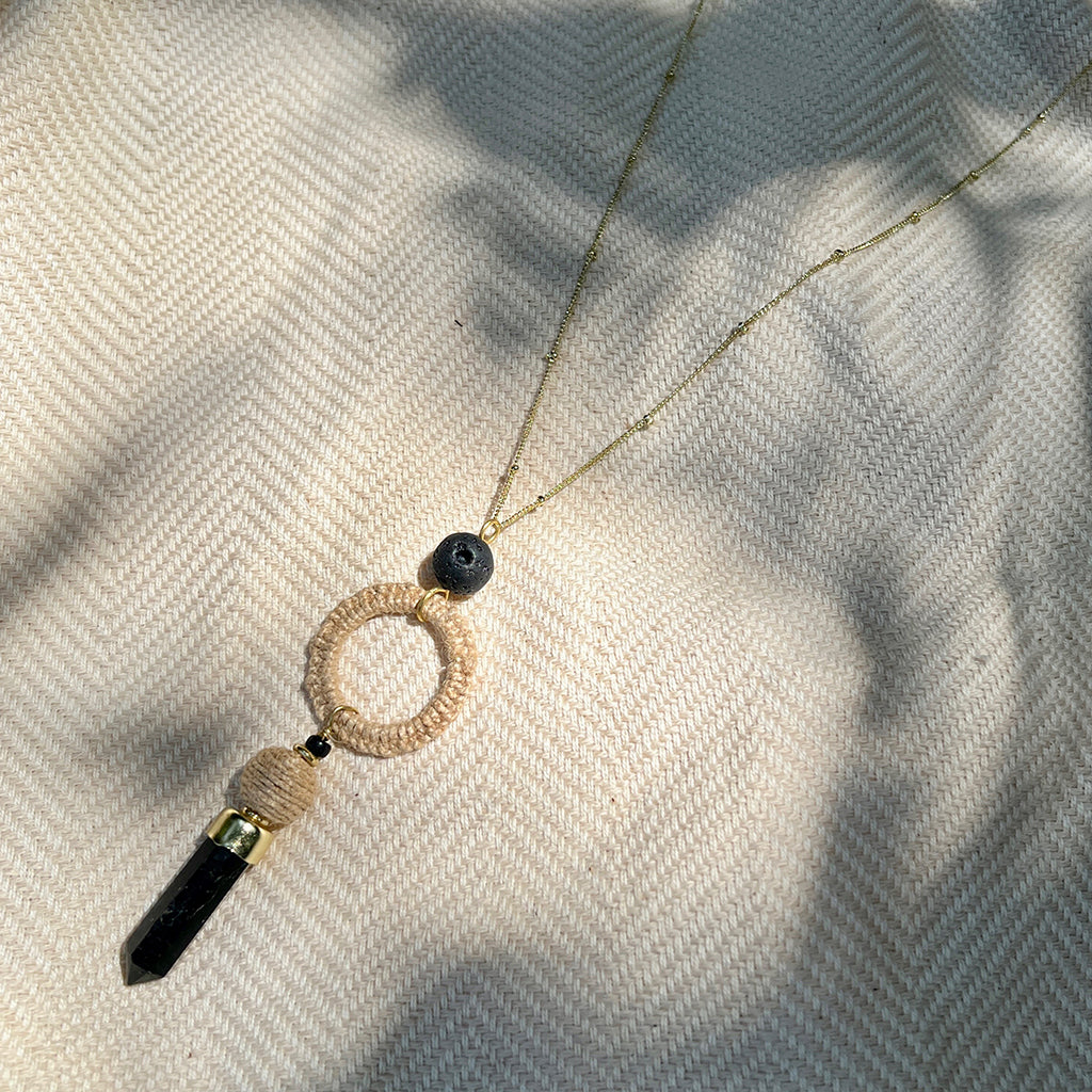Black Agate Jute Necklace Polished Stone Pendant With Jute Halo Boho Layering Necklace