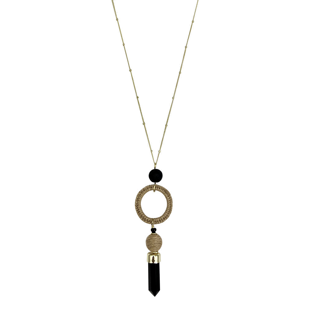Black Agate Jute Necklace Polished Stone Pendant With Jute Halo Boho Layering Necklace
