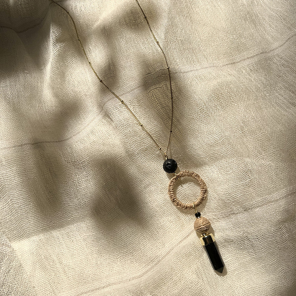 Black Agate Jute Necklace Polished Stone Pendant With Jute Halo Boho Layering Necklace