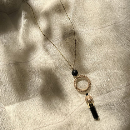 Black Agate Jute Necklace Polished Stone Pendant With Jute Halo Boho Layering Necklace