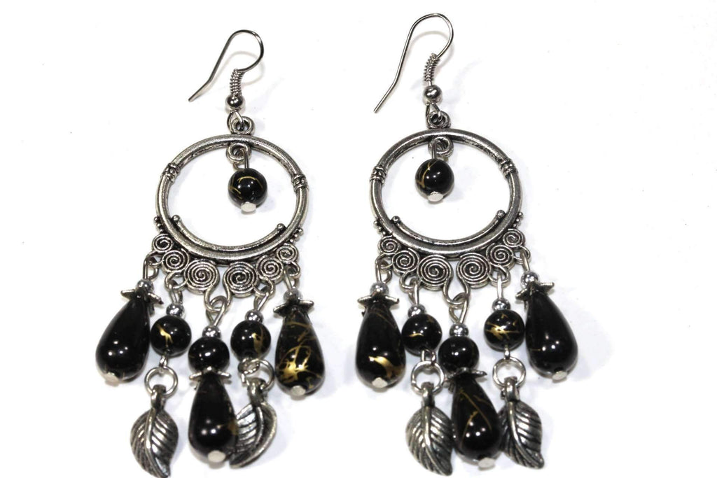 Black Bead Dangle Earrings Boho Chandelier Silver Leaf