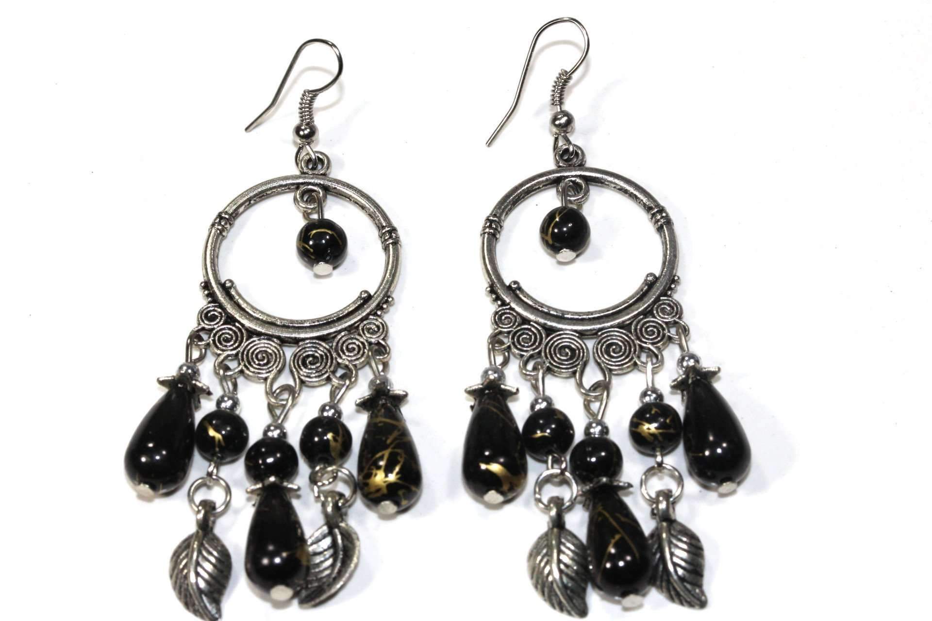 Black Bead Dangle Earrings Boho Chandelier Silver Leaf