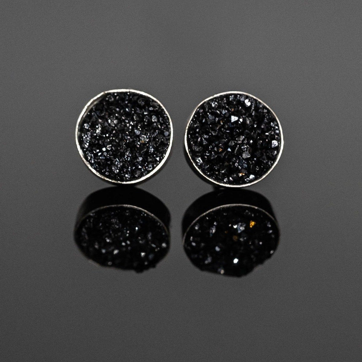 Black Druzy Round Stud Earrings Sterling Silver Minimalist