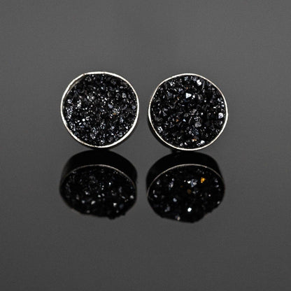Black Druzy Round Stud Earrings Sterling Silver Minimalist