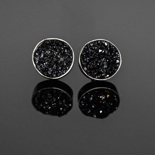 Black Druzy Round Stud Earrings Sterling Silver Minimalist