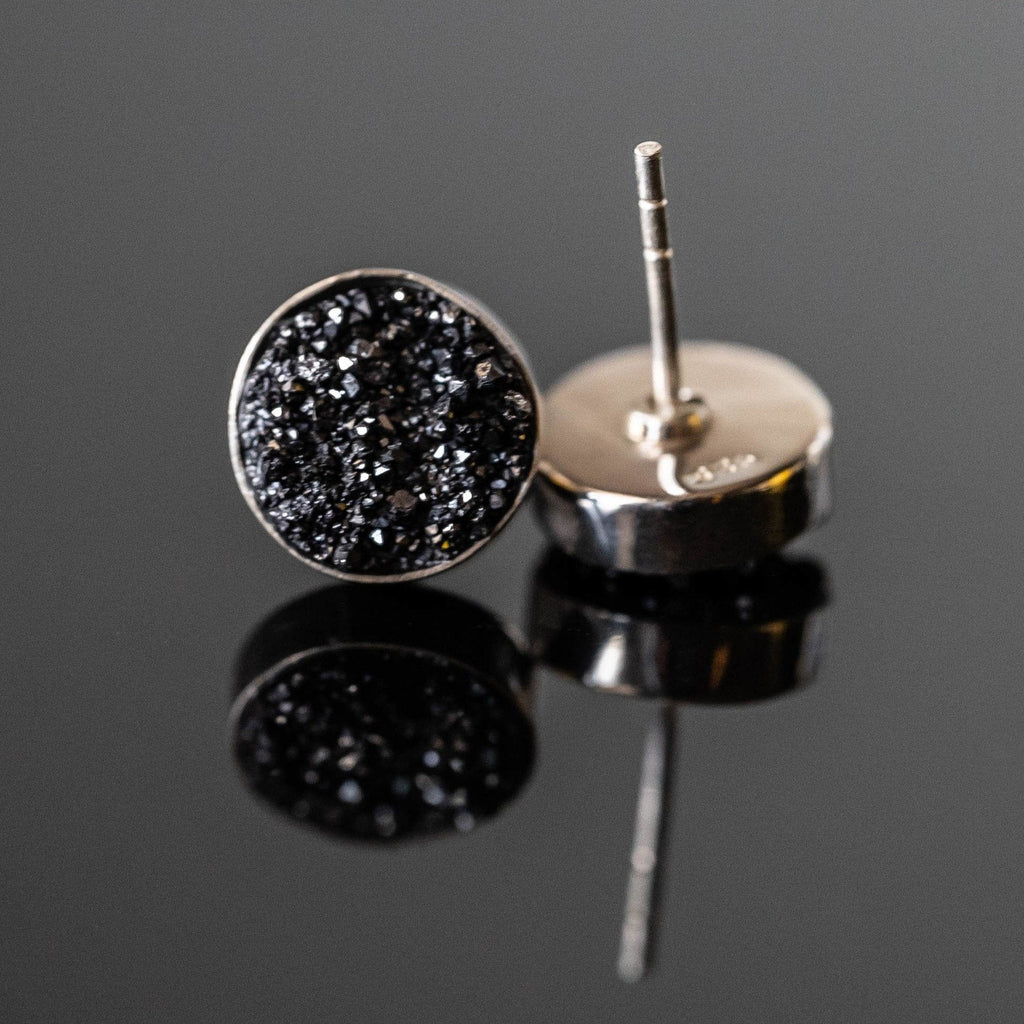 Black Druzy Round Stud Earrings Sterling Silver Minimalist