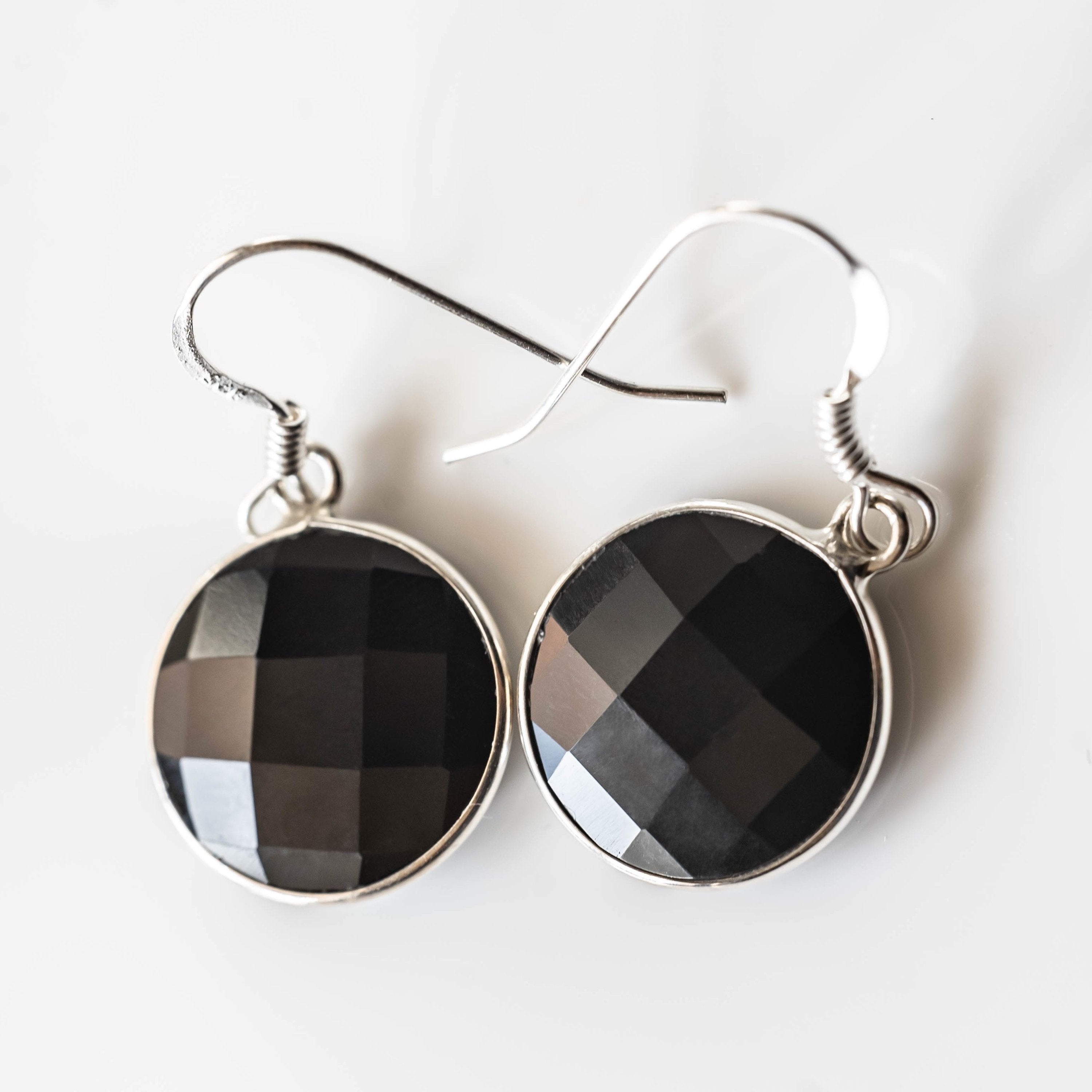 Black Onyx Round Drop Earrings Sterling Silver Hooks