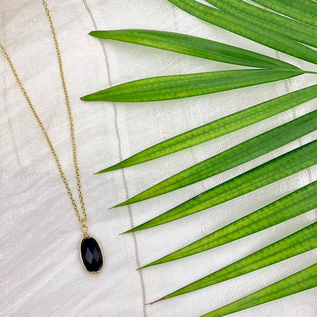 Black Quartz Pendant Necklace - Polished Crystal Brass Wire Minimal Layering