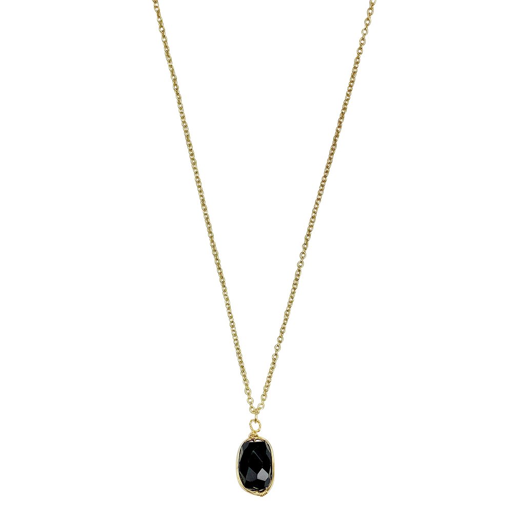 Black Quartz Pendant Necklace - Polished Crystal Brass Wire Minimal Layering